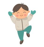 Vector happy boy jumping with joy. Cute winter kid illustration isolated on white background. Funny flat style picture for Christmas, New Year or winter design
