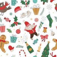 Vector seamless pattern of Christmas elements with mouse in red hat and jacket with hands up. Cute funny repeat background of new year symbol. Christmas flat style picture for decorations or design.