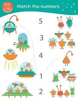 Matching game with aliens and UFOs. Space math activity for preschool children. Counting worksheet. Educational riddle with cute funny characters. vector