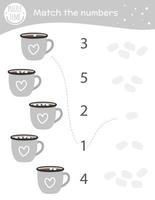 Matching game with cacao cups and marshmallow. Winter math activity for preschool children. Christmas counting worksheet. Educational riddle with cute funny elements. vector