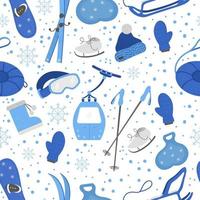 Vector seamless pattern with objects for active winter. Cold season sport equipment background. Texture with items for spending holidays in mountains and snowflakes.