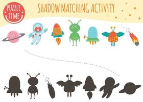 Shadow matching activity for children. Space topic. Cute funny smiling characters. vector