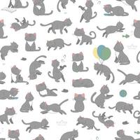 Vector seamless pattern of cute cartoon style cat in different poses. Animal character illustration for children. Hand drawn funny kitten. Repeat background with pets for kids, coloring, animation.