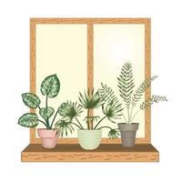 Window with tropical houseplants in pots. Sunny weather view. Watercolor style. vector