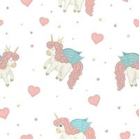 Vector seamless pattern with cute watercolor style unicorns, colored circles and hearts. Sweet girlish illustration. Fairytale repeat background. Good for textile, stationery, prints, banners