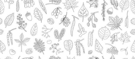 Vector seamless pattern of black and white tree elements isolated on white background. Linear art background of birch, maple, oak, rowan, chestnut, hazel, linden, alder, aspen, elm, poplar leaves