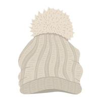 Winter clothes illustration. Beige vector knitted hat with bobble for cold weather isolated on white background. Flat picture of clothing item for head.