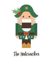 Vector Nutcracker with holly on his hat. Cute winter fairytale illustration isolated on white background. Funny flat style character for Christmas, New Year or winter design