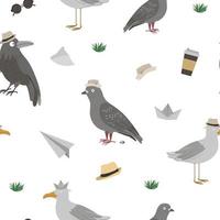 Vector seamless pattern with funny seagull, raven, pigeon with poo. Sea or city birds in hats background. Flat cute animal character texture.