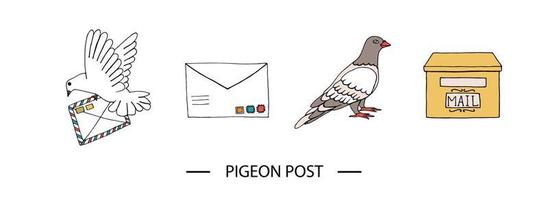 Vector illustration of pigeon carrying a letter with stamps, dove, post box. Hand drawn communication icon set. Pigeon post signs isolated on white background with text.