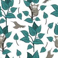 Vector seamless pattern with tropical plants, tarsier, paradise bird on white background. Repeat tropical backdrop with foliage. Exotic jungle wallpaper.