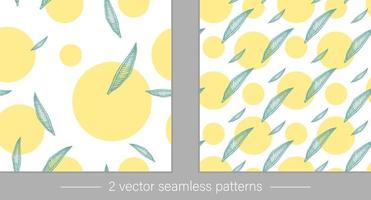 Vector collection of seamless patterns with green tropical leaves with yellow circles isolated on white background. Hand drawn natural background. Graphic tropical design. Line shading style.