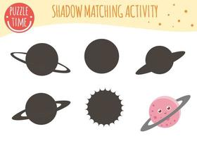 Shadow matching activity for children. Space topic. Cute funny planets. vector