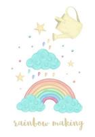 Ilustración de vector lindo del proceso de fabricación de arco iris de estilo acuarela con nubes, regadera, estrellas aisladas sobre fondo blanco. imagen temática de unicornio para impresión, pancarta, tarjeta o diseño textil.