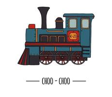 Vector illustration of retro engine. Vintage train clip art isolated on white background. Cartoon style picture of old means of transport for children