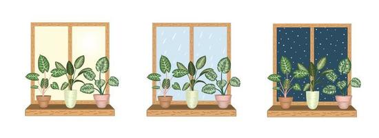 ventanas con plantas de interior tropicales en macetas. vistas al clima lluvioso, nevado y soleado. estilo acuarela. vector