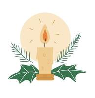 Vela de vector con ramitas de coníferas y acebo aislado sobre fondo blanco. linda ilustración divertida del símbolo de año nuevo. imagen de estilo plano navideño para decoración o diseño.