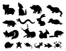 Set of vector hand drawn flat woodland animals silhouettes. Funny animalistic collection. Cute black and white forest illustration for children design, print, stationery