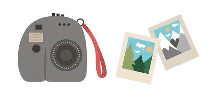 Vector flat illustration of a modern instant camera with photos. Trendy photo equipment icon with shots. Travel object isolated on white background. Vacation infographic element.