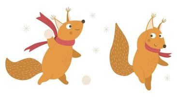 Vector illustration of squirrels in scarves playing snowballs. Cute woodland animals doing winter activities. Funny forest characters.