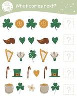 What comes next. Saint Patrick Day matching activity for preschool children with holiday symbols. Funny spring game for kids. Logical quiz worksheet. Continue the row. vector