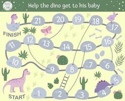 Dinosaur themed board game for children. Educational prehistoric boardgame. Puzzle with reptiles, stones, cactus. Help the dino get to his baby.
