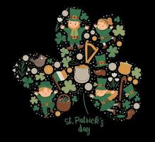 vector marco del día de San Patricio con duende, trébol sobre fondo negro. Banner o invitación con temática navideña irlandesa enmarcada en forma de trébol. linda plantilla de tarjeta de primavera divertida.