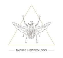 Vector hand drawn tropical goliath beetle with wings in a triangle. Insect themed logotype for natural