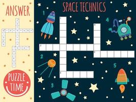 Vector space crossword. Bright and colorful quiz for children. Puzzle activity with space technics, satellite, spaceship, probe, rover, rocket