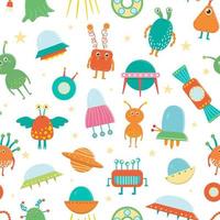 Vector seamless pattern of cute aliens, ufo, flying saucer for children. Bright and funny flat illustration of smiling extraterrestrial creatures on white background. Space picture for kids.