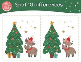 Christmas find differences game for children. Holyday festive preschool activity with little deer and fir tree. New Year puzzle with animal. Cute funny smiling characters. vector