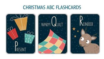 Colorful alphabet letters P, Q, R. Phonics flashcard. Cute Christmas themed ABC cards for teaching reading with funny presents, warm quilt, reindeer. New Year festive activity. vector