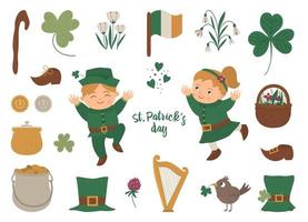 Vector set of St. Patrick Day symbols. National Irish holiday icons isolated on white background. Cute funny flat boy and girl in green clothes with shamrock and traditional objects.