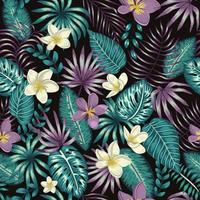 Patrón transparente de vector de hojas tropicales verde esmeralda con flores de plumeria blancas y púrpuras sobre fondo negro. verano o primavera repetir telón de fondo tropical. selva exótica