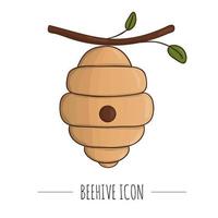 Vector illustration of beehive on a twig. Banner, card, template, sign, signboard or poster for home made honey shop. Honey themed icon, logo or sign.
