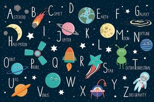 Space alphabet for children. Cute flat ABC with galaxy, stars, astronaut, alien, planet, spaceship, probe, comet, asteroid vector