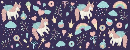 Vector set with unicorn cliparts. Horizontal banner with cute rainbow, crown, star, cloud, crystals Girlish illustration. Watercolor effect fairytale design elements on dark purple background.