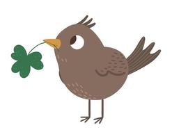 Vector flat funny bird with shamrock in its beak. Cute St. Patrick Day illustration. National Irish holiday icon isolated on white background.