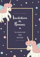 Vector vertical frame with colored unicorns. Card template for children event. Girlish cute invitation or banner design.