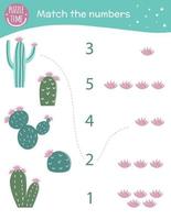 Matching game with cactus and flowers. Exotic, tropical or desert math activity for preschool children. Counting worksheet. Educational riddle with cute funny elements. vector