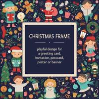 Vector Christmas square layout frame with children, Santa Claus, Angel on dark blue background. Holiday themed banner or invitation. Cute funny New Year card template.