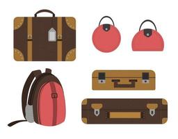 Vector flat set of traveler suitcases. Luggage icons collection. Travel objects isolated on white background. Vacation infographic element.