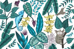 Vector seamless background with tropical plants, insects and animals. Exotic jungle repeating pattern with chameleon, tarsier, bird of paradise, butterfly, bananas.