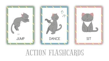 Vector set of actions flash cards with cat. Cute character jumping, dancing, sitting. Cards for early learning.