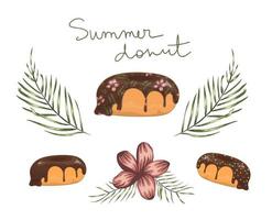 ilustración vectorial de donut con glaseado de chocolate con hojas de palmera verde y flores rojas. diseño original del menú de verano. concepto de postre tropical. rosquilla exótica vector