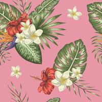 Vector seamless pattern of green tropical leaves with plumeria and hibiscus flowers on pink background. Summer or spring repeat tropical backdrop. Trendy exotic jungle ornament.