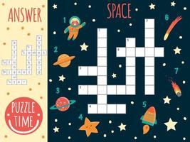 Vector space crossword. Bright and colorful quiz for children. Puzzle activity with UFO, planet, star, astronaut, comet, rocket, asteroid.