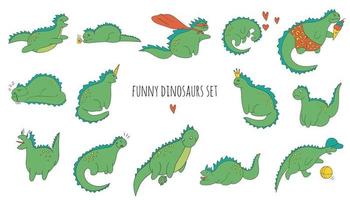 Vector set of funny colored dinosaurs in different poses. Comic dino concept in cartoon style. Doodle drawing of sarcastic reptiles