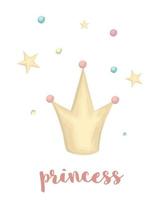 Cute vector illustration of watercolor style crown with confetti and stars isolated on white background. Unicorn themed picture for print, banner, card or textile design.