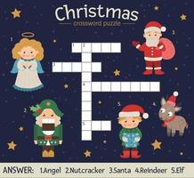 Vector Christmas crossword puzzle. Bright and colorful winter quiz for children. Educational New Year activity with Santa Claus, Angel, Nutcracker, Elf, Deer.